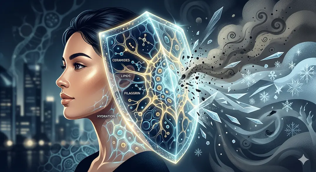 Abstract scientific illustration of the skin barrier defending against environmental aggressors like smog and UV rays.