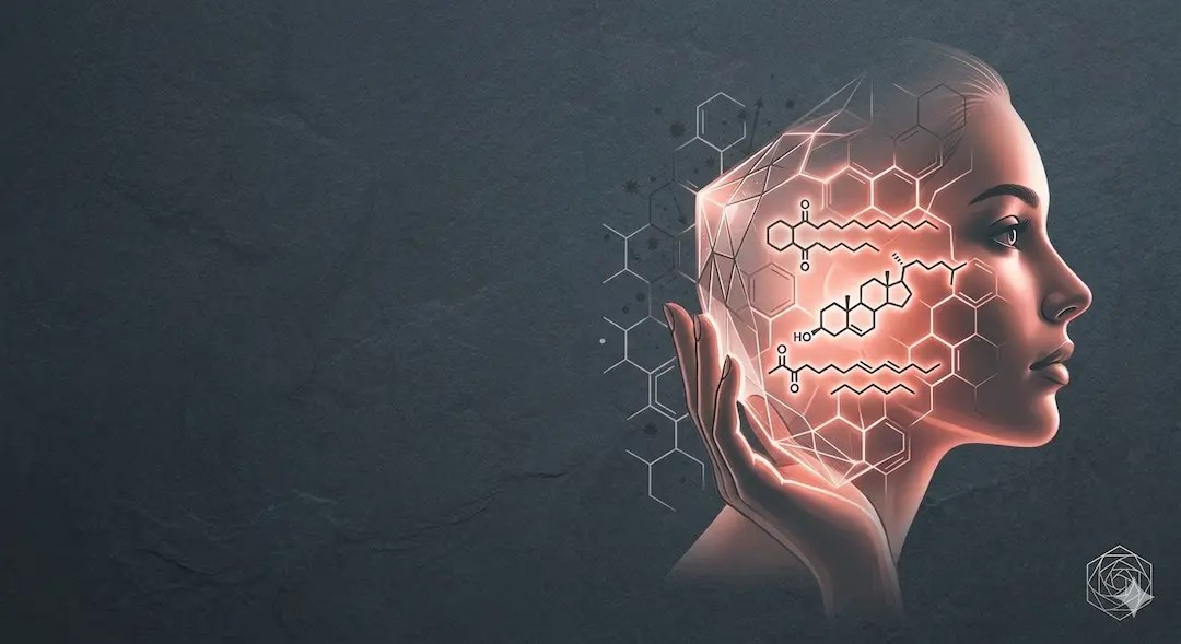 A high-contrast scientific illustration featuring a side profile of a human face merging with a glowing geometric shield and chemical structures of Ceramides, Cholesterol, and Fatty Acids.