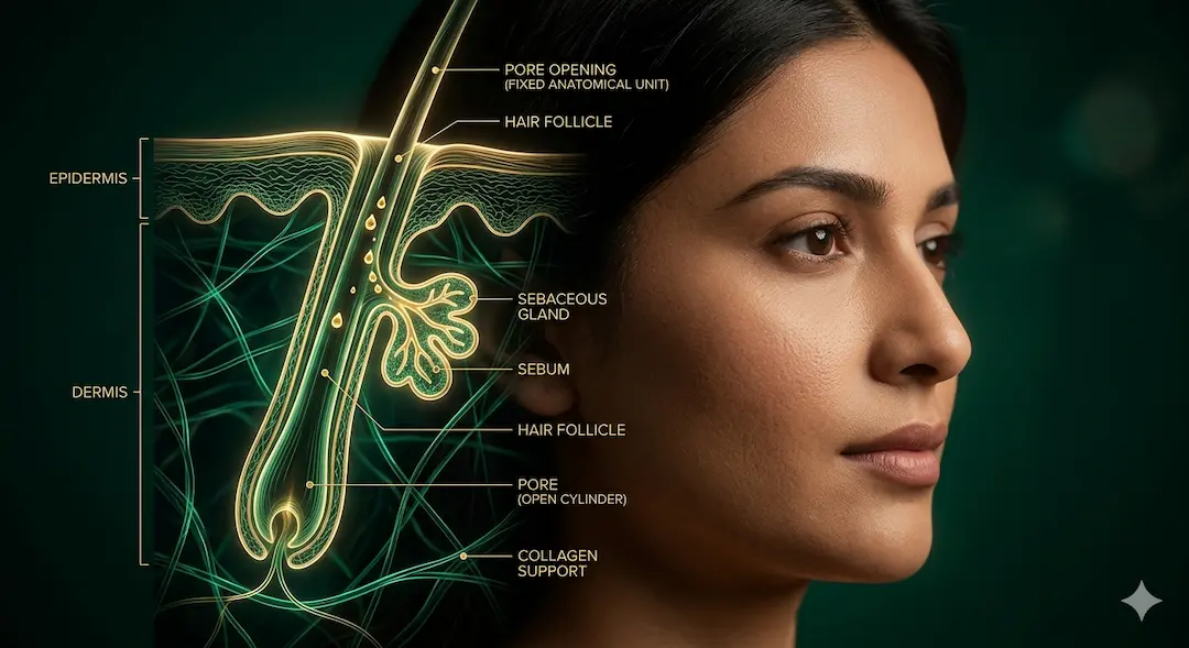 3D glowing anatomical illustration of a human hair follicle and sebaceous gland beneath South Asian skin, demonstrating fixed pores structure to answer the myth "do pores open and close"?.